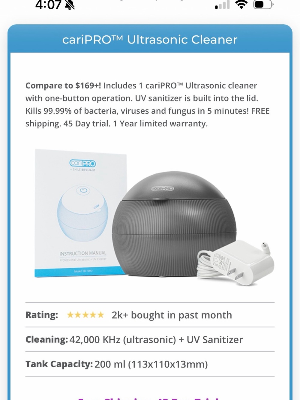 Ultrasonic Cleaner with UV Sanitizer - Gray